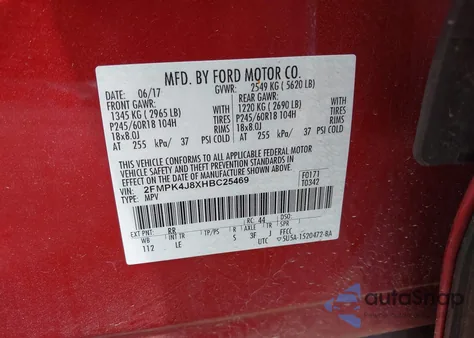 2017 Ford Edge Sel z USA, uszkodzony, nr VIN 2FMPK4J8XHBC25469